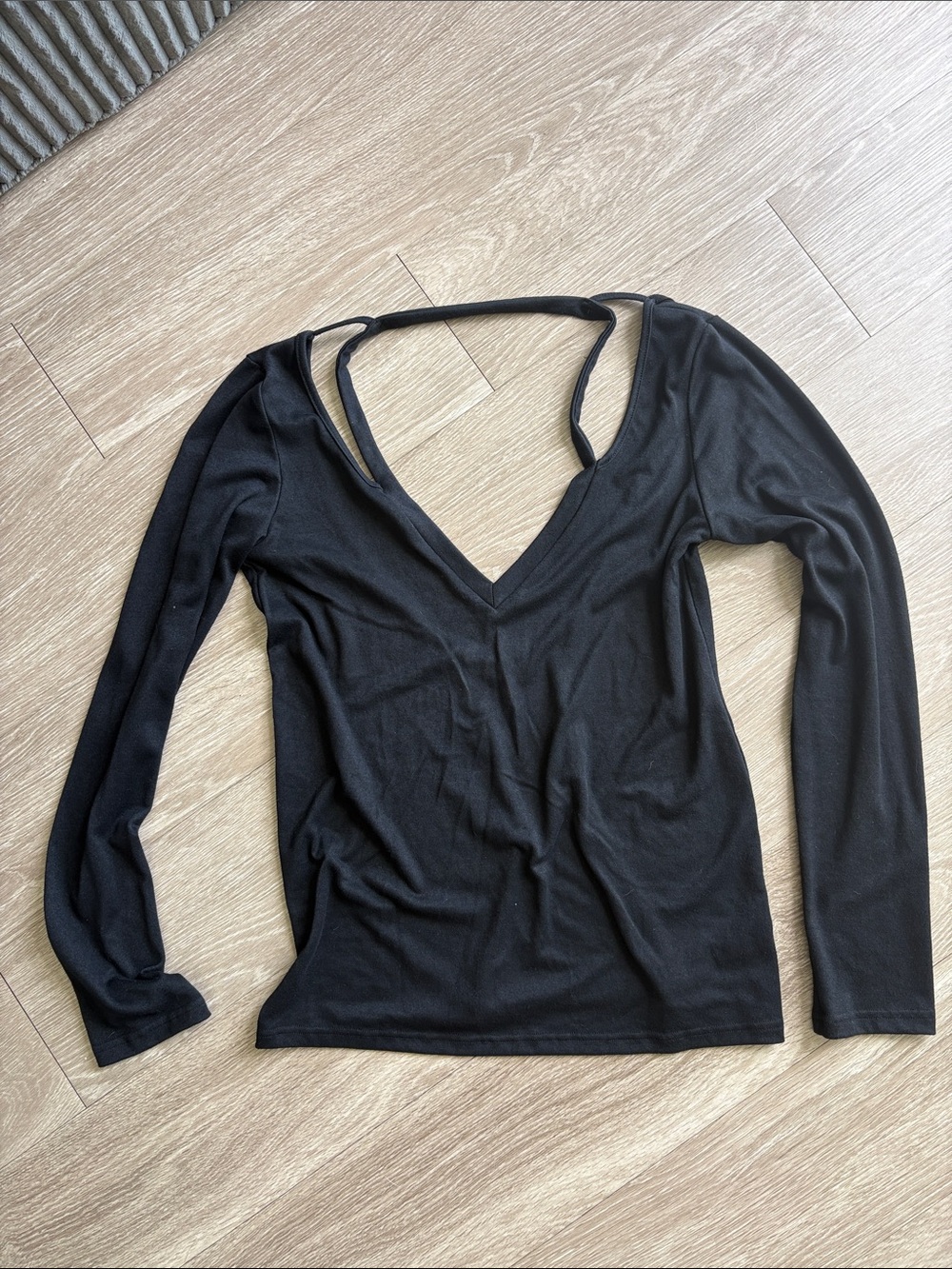 Tobi Black Long-Sleeve Deep V Neck Top with Back Strap